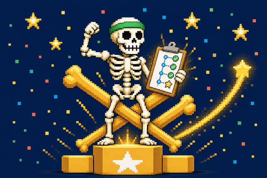 Coach Ripped, a retro pixel-art skeleton coach, flexing on a gold podium